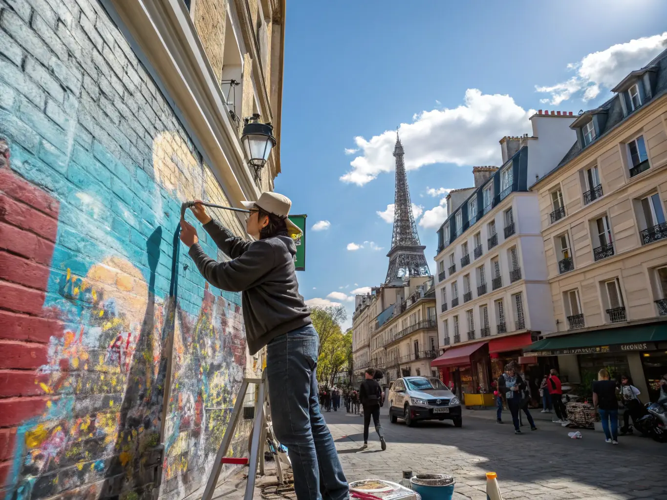 A photograph of artists from France and Germany collaborating on a mural in a public space, showcasing artistic exchange and community engagement.