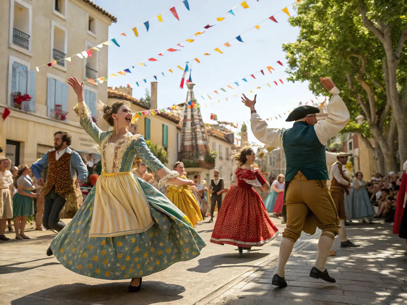A lively scene from a cultural festival in Midi-Pyrénées, featuring traditional music, dance, and local cuisine.