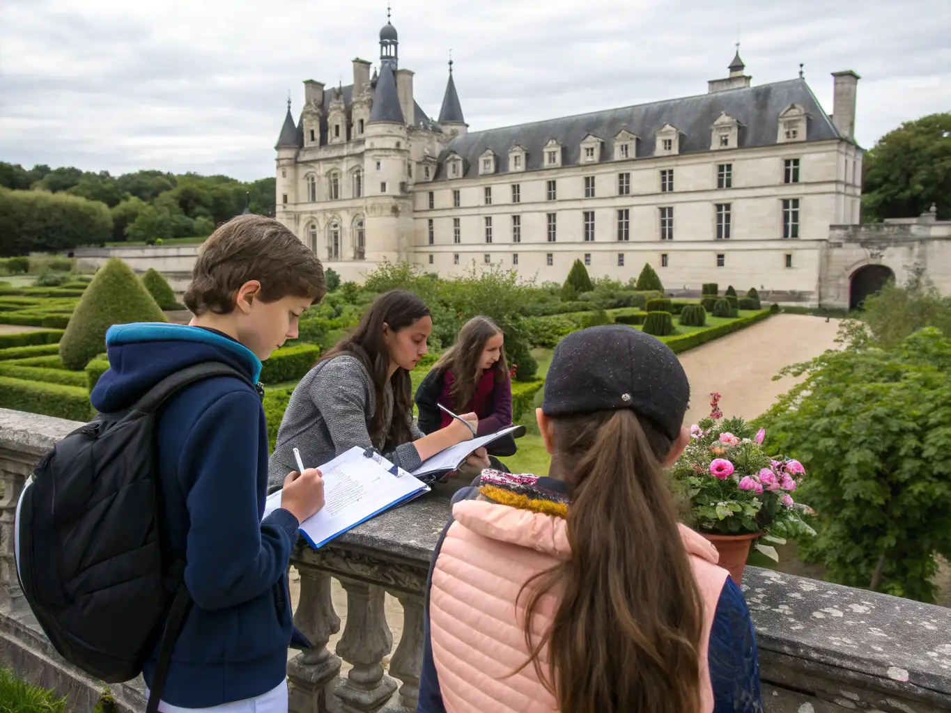 A group of students sketching outdoors in a picturesque French village, capturing the essence of the local architecture and landscape.