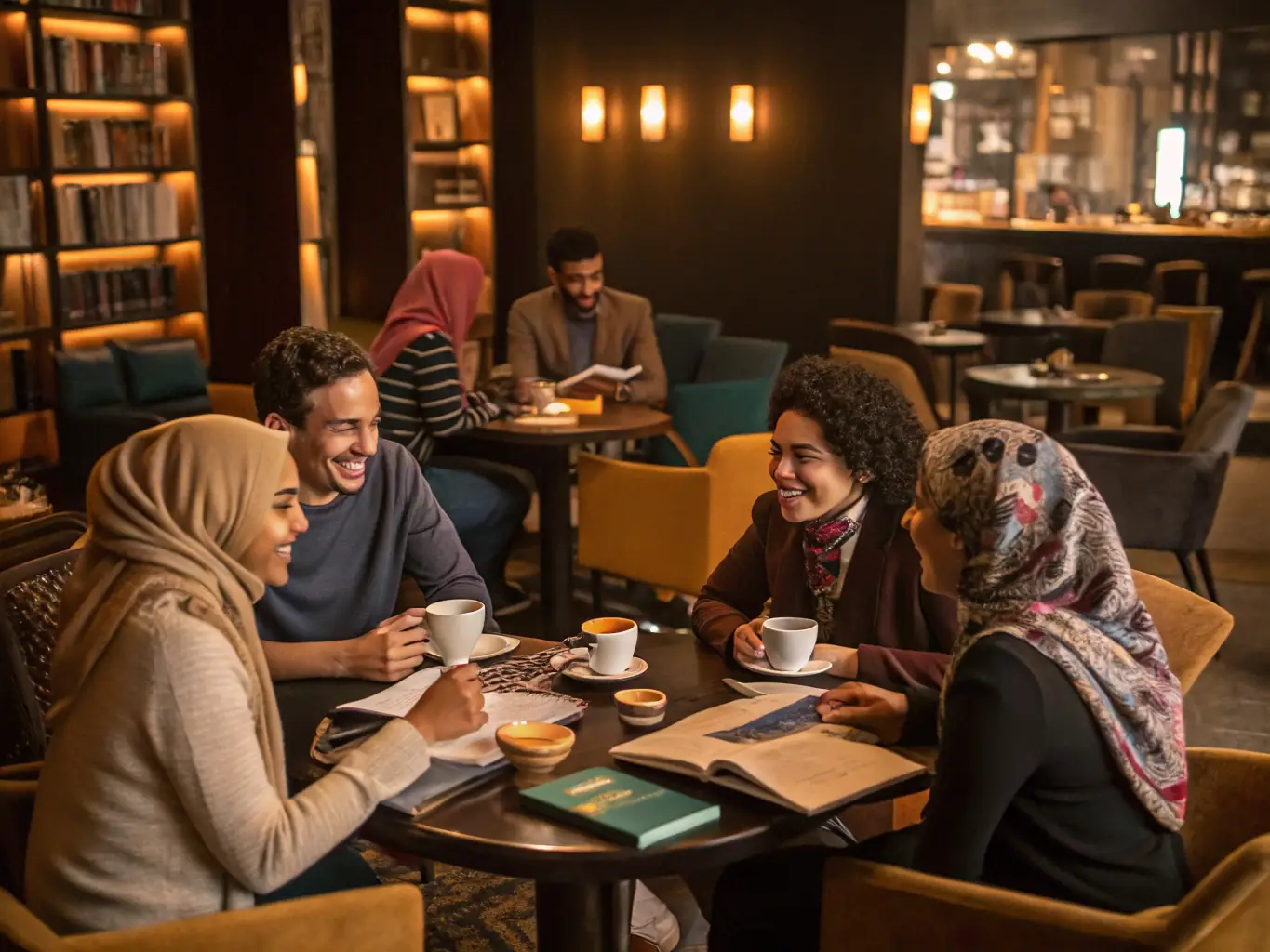A group of young adults participating in a language exchange session in a cozy café, practicing French and German conversation skills.