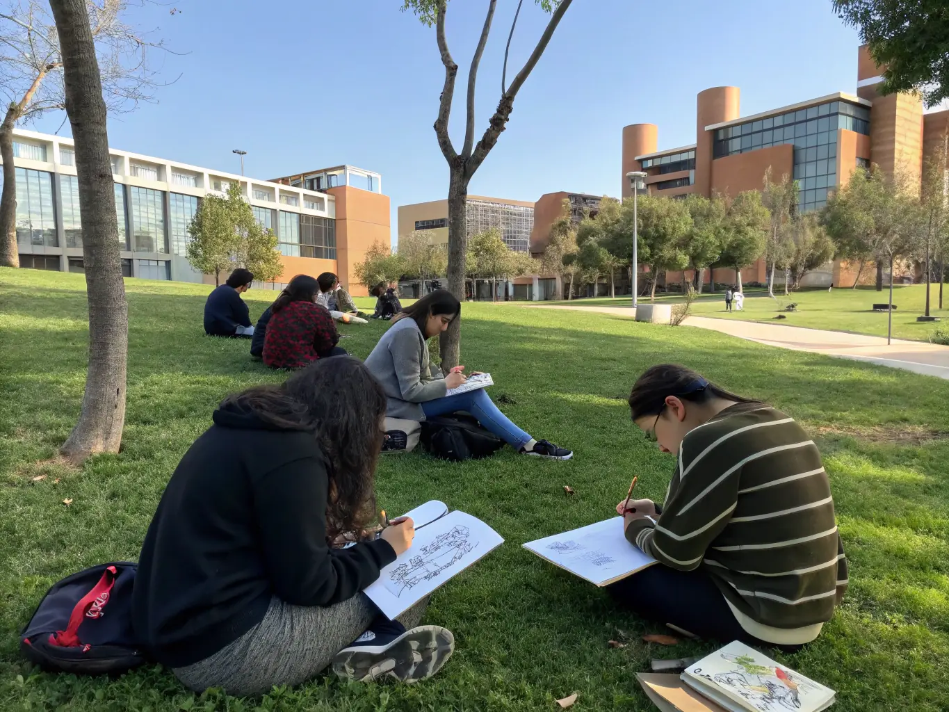 A vibrant scene of students sketching and painting outdoors in Germany, capturing the essence of German art and architecture.