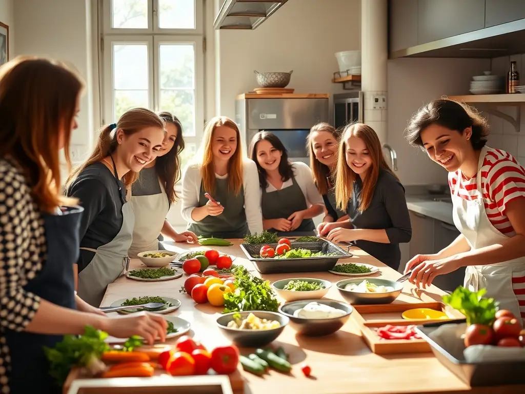 A group of students laughing and interacting during a French cooking class in a traditional kitchen setting in France, showcasing cultural immersion.